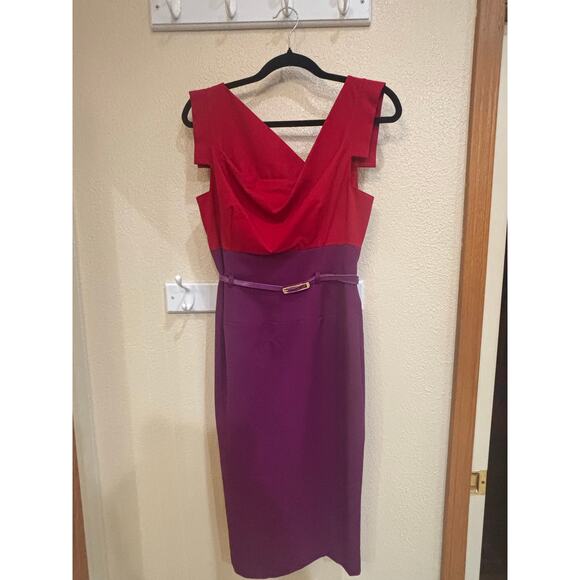 Black Halo dress red and purple with belt size 6Jackie-O asymmetric neck - Picture 2 of 11